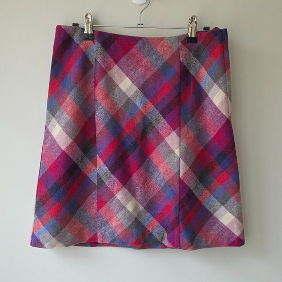 H&M Wool Blend Plaid Skirt | Size 8 | Red Purple Lined Side Zipper Flat Front - Picture 1 of 7